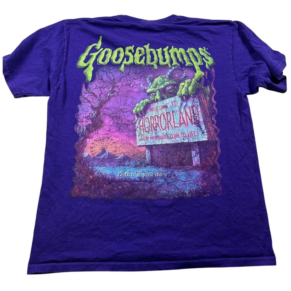 Goosebumps HorrorLand Graphic T-Shirt L Purple Slime Logo 90s Retro Spooky Goth